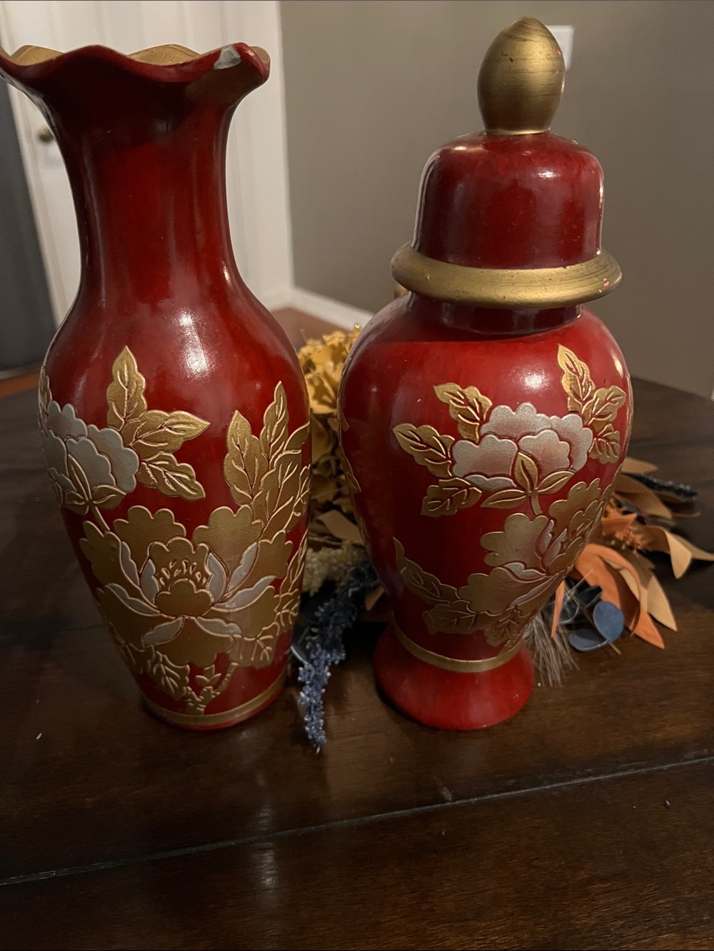 Beautiful Set Of 2 Statuesque Asian Burgundy/Gold/ Silver Flowered